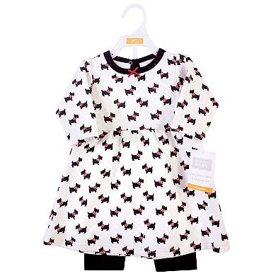 Hudson Baby Infant and Toddler Girl Quilted Cotton Long-Sleeve Dress and Leggings 2pc Set, Scottie Dog