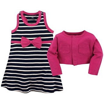 Hudson Baby Infant and Toddler Girl Cotton Dress and Cardigan 2 pc Set, Berry Navy, 6-9 Months
