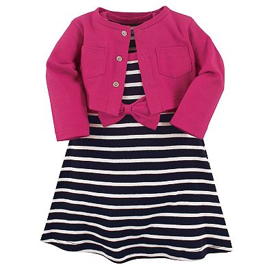 Hudson Baby Infant and Toddler Girl Cotton Dress and Cardigan 2pc Set, Berry Navy, 6-9 Months