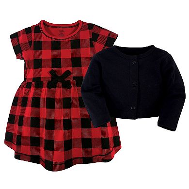 Touched by Nature Baby and Toddler Girl Organic Cotton Dress and Cardigan 2pc Set, Buffalo Plaid