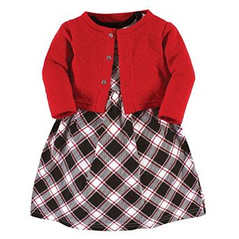 Hudson Baby Toddler and Baby Girl Quilted Cardigan and Dress, Black Red Plaid, 18-24 Months