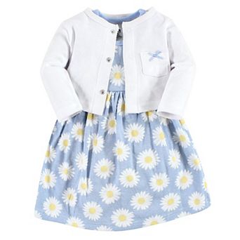 Hudson Baby Infant Girl Cotton Dress and Cardigan Set, Blue Daisy