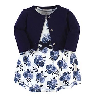 Touched by Nature Baby and Toddler Girl Organic Cotton Dress and Cardigan 2 pc Set, Navy Floral