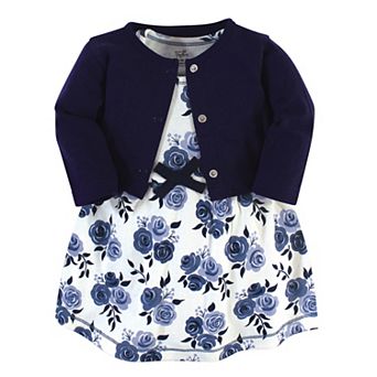 Touched by Nature Baby and Toddler Girl Organic Cotton Dress and Cardigan 2 pc Set, Navy Floral