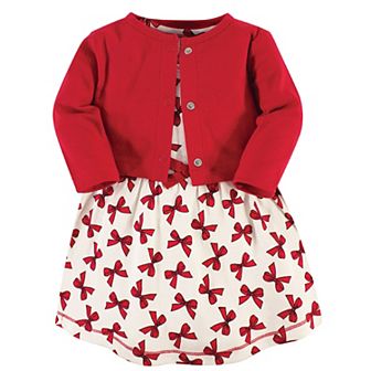 Touched by Nature Baby and Toddler Girl Organic Cotton Dress and Cardigan 2 pc Set, Bows