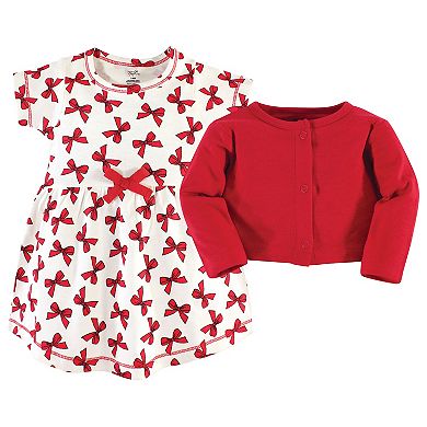 Touched by Nature Baby and Toddler Girl Organic Cotton Dress and Cardigan 2pc Set, Bows