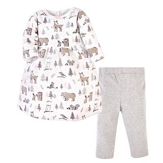 Hudson Baby Infant and Toddler Girl Quilted Cotton Long-Sleeve Dress and Leggings 2 pc Set, Winter Forest
