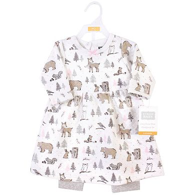Hudson Baby Infant and Toddler Girl Quilted Cotton Long-Sleeve Dress and Leggings 2pc Set, Winter Forest