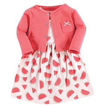 Hudson Baby Infant Girl Cotton Dress and Cardigan Set, Coral Watermelon, 3-6 Months