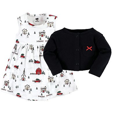 Hudson Baby Baby Girls Cotton Dress and Cardigan Set, Christmas Scene