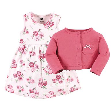 Hudson Baby Infant and Toddler Girl Cotton Dress and Cardigan Set, Blush Rose