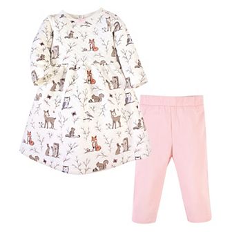 Hudson Baby Infant and Toddler Girl Quilted Cotton Long-Sleeve Dress and Leggings 2 pc Set, Enchanted Forest
