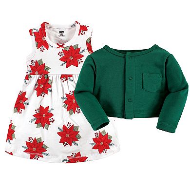 Hudson Baby Infant and Toddler Girl Cotton Dress and Cardigan Set, Poinsettia