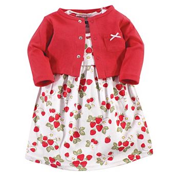 Hudson Baby Infant and Toddler Girl Cotton Dress and Cardigan 2 pc Set, Strawberries