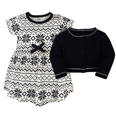 Touched by Nature Baby and Toddler Girl Organic Cotton Dress and Cardigan 2pc Set, Black Fair Isle