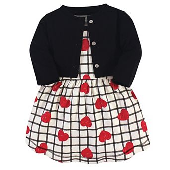 Touched by Nature Baby and Toddler Girl Organic Cotton Dress and Cardigan 2 pc Set, Black Red Heart