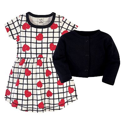 Touched by Nature Baby and Toddler Girl Organic Cotton Dress and Cardigan 2pc Set, Black Red Heart