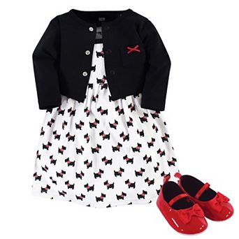 Hudson Baby Infant Girl Cotton Dress, Cardigan and Shoe 3 pc Set, Scottie Dog