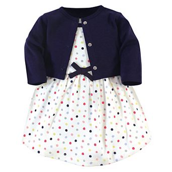 Touched by Nature Baby and Toddler Girl Organic Cotton Dress and Cardigan 2 pc Set, Colorful Dot