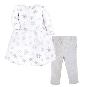 Hudson Baby Toddler Girl Quilted Cotton Dress and Leggings, Silver Snowflakes
