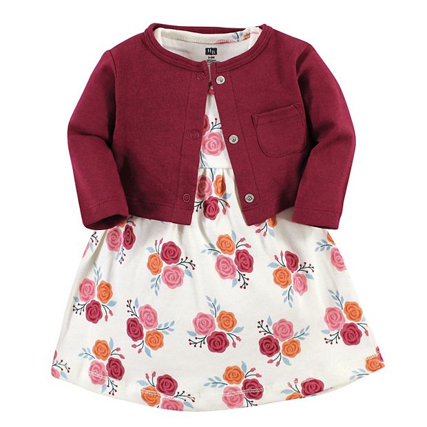 Hudson Baby Toddler Girl Cotton Dress and Cardigan Set, Autumn Rose - 2T