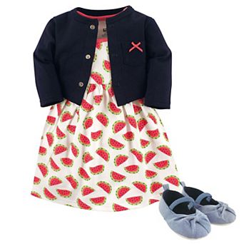 Hudson Baby Infant Girl Cotton Dress, Cardigan and Shoe 3 pc Set, Watermelon, 3-6 Months