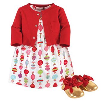 Little Treasure Baby Girl Cotton Dress, Cardigan and Shoe 3 pc Set, Glitzmas, 3-6 Months