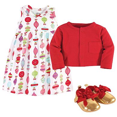 Little Treasure Baby Girl Cotton Dress, Cardigan and Shoe 3pc Set, Glitzmas