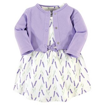 Touched by Nature Baby and Toddler Girl Organic Cotton Dress and Cardigan 2 pc Set, Lavender