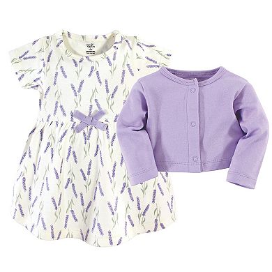 Touched by Nature Baby and Toddler Girl Organic Cotton Dress and Cardigan 2pc Set, Lavender