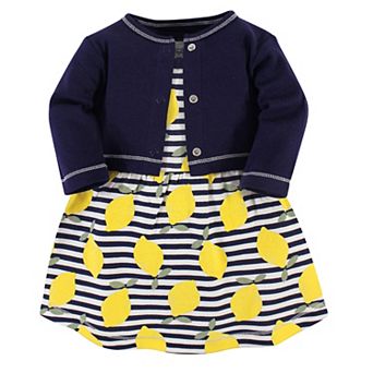 Touched by Nature Baby and Toddler Girl Organic Cotton Dress and Cardigan 2 pc Set, Lemons