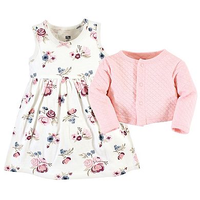 Hudson Baby Infant and Toddler Girl Quilted Cardigan and Dress, Dusty Rose Floral