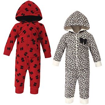 Little Treasure Baby Girl Fleece Jumpsuits and Coveralls 2 pk Leopard Bow