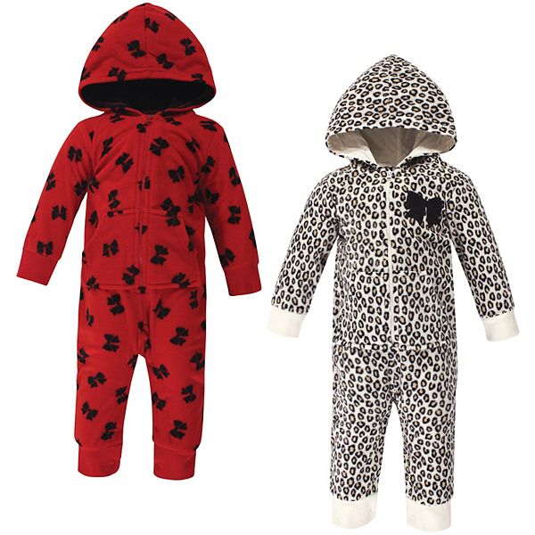 Little Treasure Baby Girl Fleece Jumpsuits and Coveralls 2pk, Leopard Bow