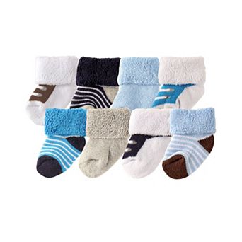 Luvable Friends Baby Boy Newborn and Baby Terry Socks, Blue Brown, 0-6 Months