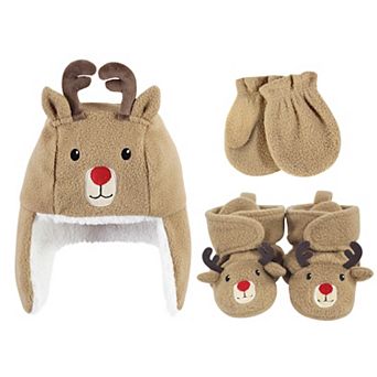 Hudson Baby Infant Boy Trapper Hat, Mitten and Bootie Set, Reindeer