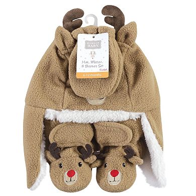 Hudson Baby Infant Boy Trapper Hat, Mitten and Bootie Set, Reindeer