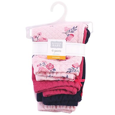 Hudson Baby Infant and Toddler Girl Quilted Jogger Pants 4pk, Pink Navy Floral