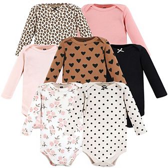 Hudson Baby Infant Girl Cotton Long-Sleeve Bodysuits, Cinnamon Pink Prints 7-Pack, 3-6 Months