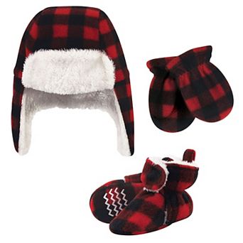 Hudson Baby Unisex Baby Trapper Hat, Mitten and Bootie Set, Black Red Plaid, 18-24 Months