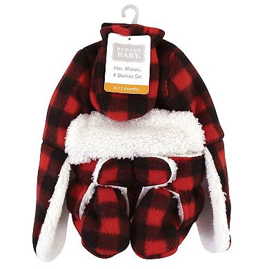Hudson Baby Unisex Baby Trapper Hat, Mitten and Bootie Set, Black Red Plaid, 18-24 Months