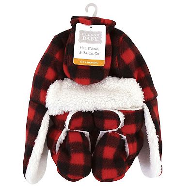 Hudson Baby Unisex Baby Trapper Hat, Mitten and Bootie Set, Black Red Plaid