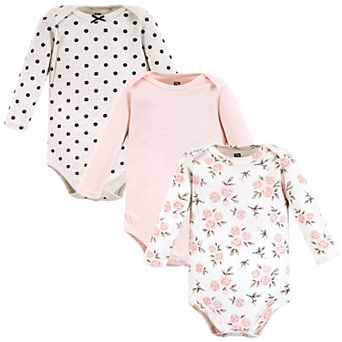 Hudson Baby Infant Girl Cotton Long-Sleeve Bodysuits, Cinnamon Pink Prints 3-Pack, 0-3 Months