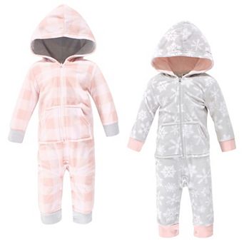 Hudson Baby Infant Girl Fleece Jumpsuits, Coveralls, and Playsuits 2 pk Gray Pink Snowflake