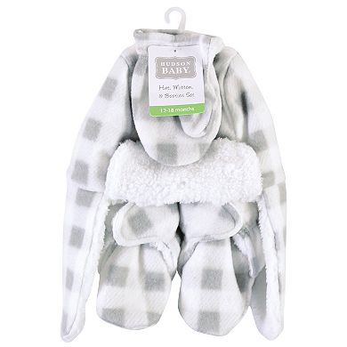 Hudson Baby Unisex Baby Trapper Hat, Mitten and Bootie Set, Gray White Plaid