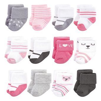 Hudson Baby Infant Girl Cotton Rich Newborn and Terry Socks, Bear Girl