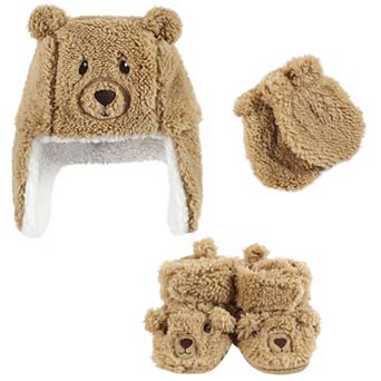 Hudson Baby Unisex Baby Trapper Hat, Mitten and Bootie Set, Tan Bear