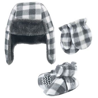 Hudson Baby Unisex Baby Trapper Hat, Mitten and Bootie Set, Charcoal White Plaid, 18-24 Months