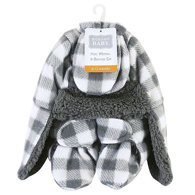 Hudson Baby Unisex Baby Trapper Hat, Mitten and Bootie Set, Charcoal White Plaid, 18-24 Months