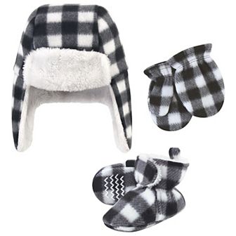 Hudson Baby Unisex Baby Trapper Hat, Mitten and Bootie Set, Black White Plaid